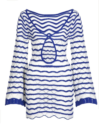 Boho Bell Sleeve Knit Cover Up - Cut-Out Beach Mini Dress