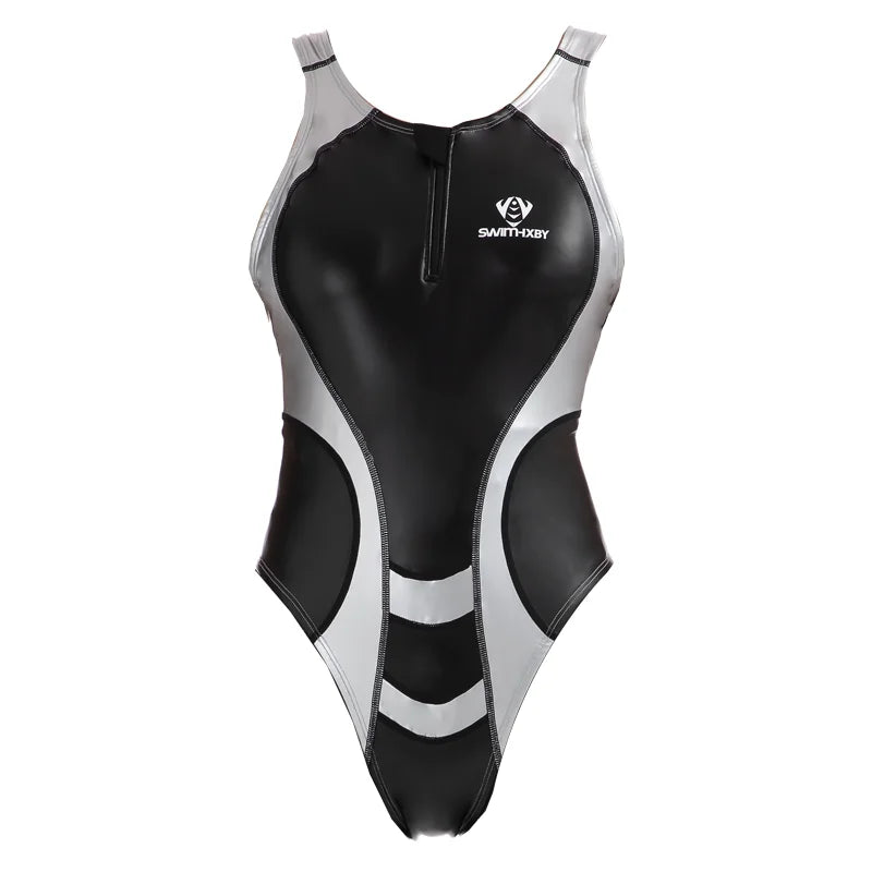 Glitter Athletic One-Piece Swimsuit - Zip Front