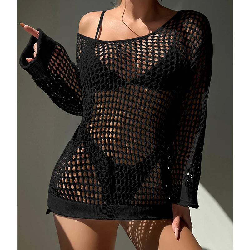 Loose Knit Cover Up Top - Hollow Out Sunscreen Smock