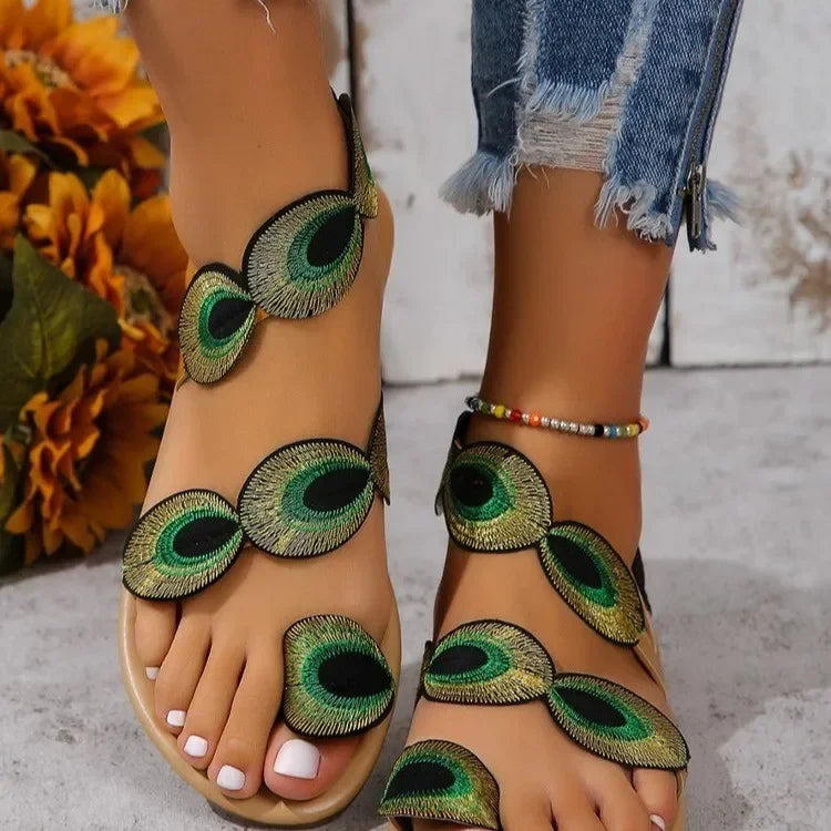 Embroidered Faux Flower Flat Sandals - Beach Comfort