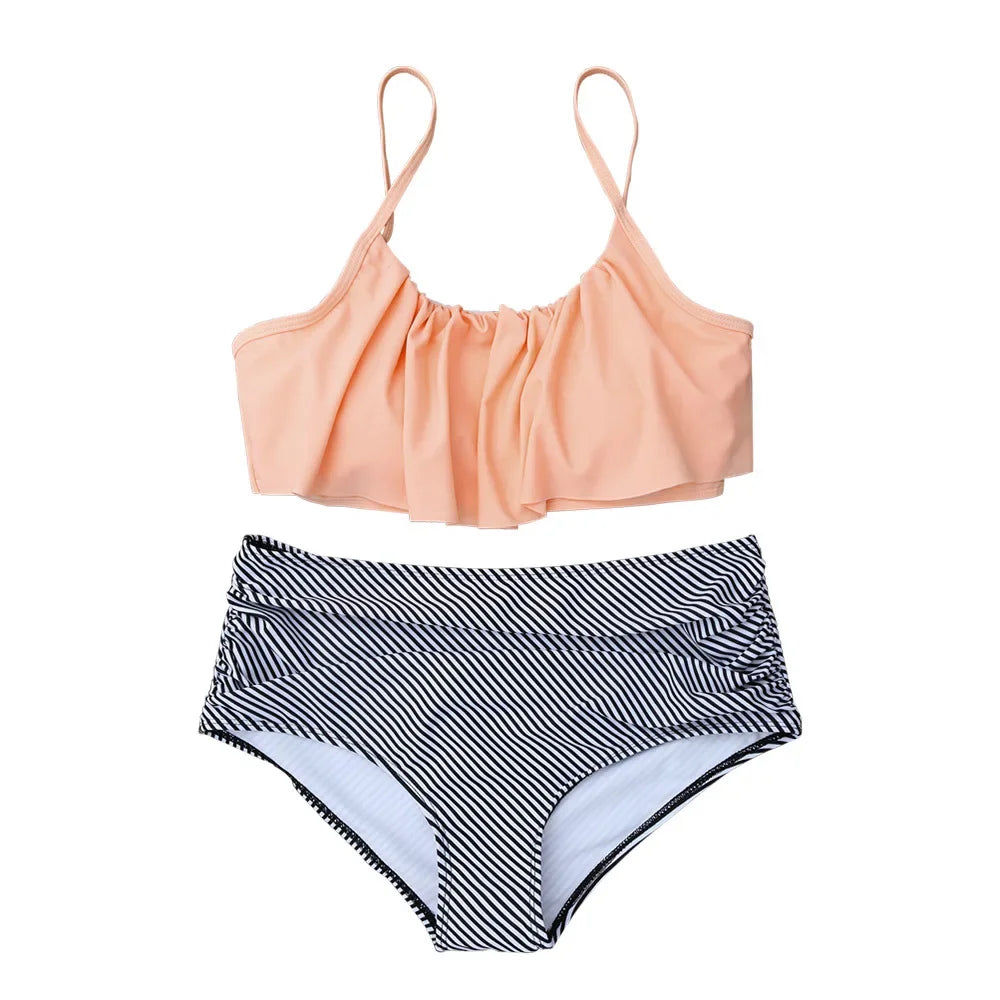 Pink Stripe High Waisted Bikini Set - Tank Top Swimwear