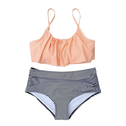 Pink Stripe High Waisted Bikini Set - Tank Top Swimwear