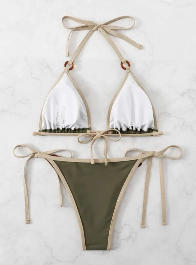 Green Ring String Bikini Set - Halter Thong Swimwear