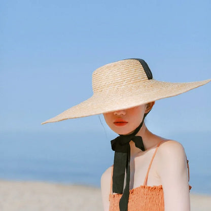 Handmade Flat-Top Straw Sun Hat - Ribbon Accent