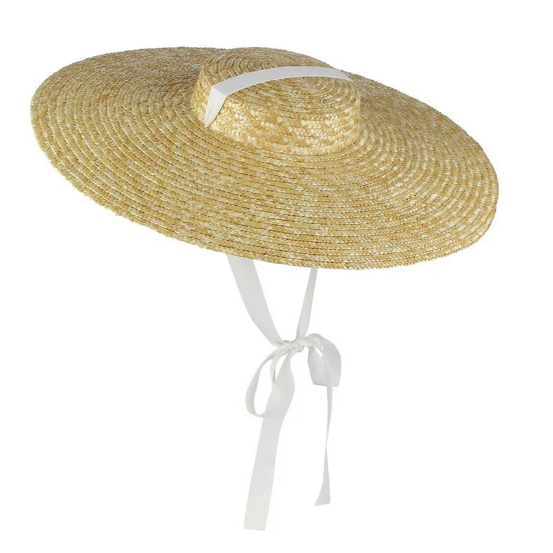 Handmade Flat-Top Straw Sun Hat - Ribbon Accent