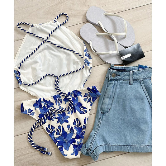 One Piece Swimsuit For Women 2025 New Vintage Retro Swimwear Print Swimsuit Halter Beachwear Sexy Monokini Female Bathing Suit