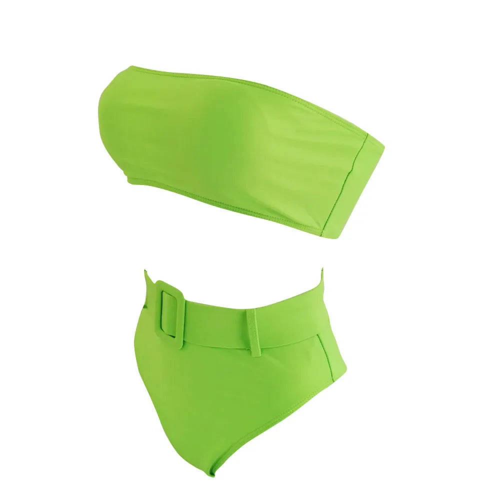 Solid Bandeau High Waist Bikini Set - Push Up Swimwear