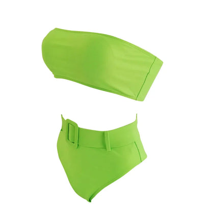 Solid Bandeau High Waist Bikini Set - Push Up Swimwear