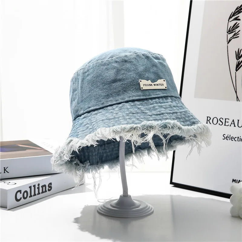Washed Denim Bucket Hat - Tassel Edge Sun Hat