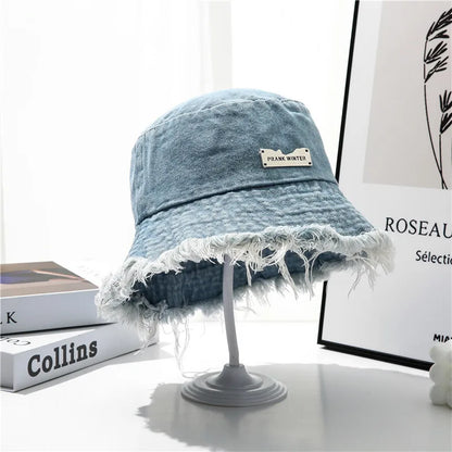 Washed Denim Bucket Hat - Tassel Edge Sun Hat