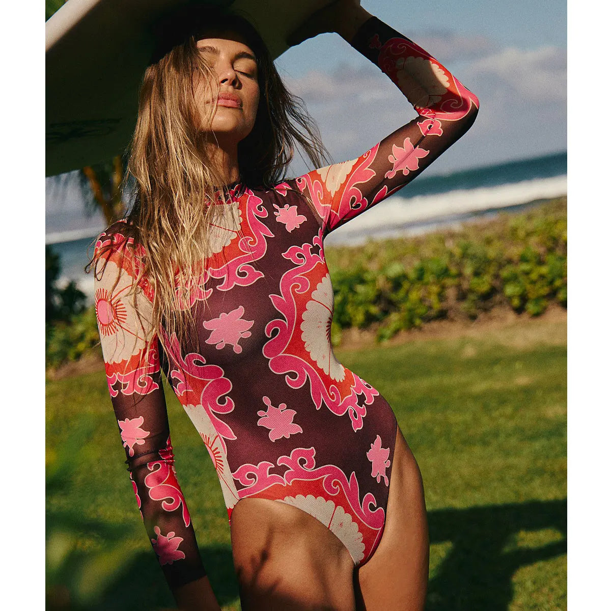 Long Sleeve Print One-Piece Swimsuit - Surf Ready Beachwear