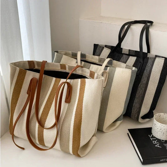 Striped Raffia Shopper Tote - Canvas Trim