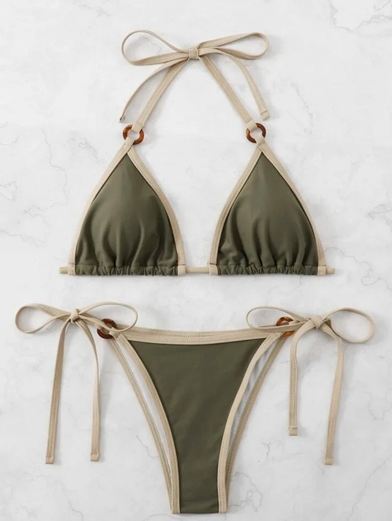Green Ring String Bikini Set - Halter Thong Swimwear