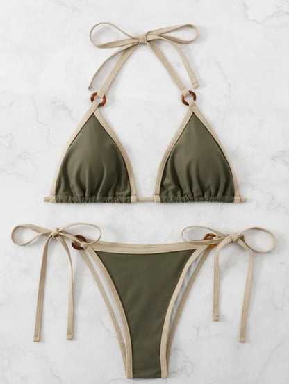 Green Ring String Bikini Set - Halter Thong Swimwear