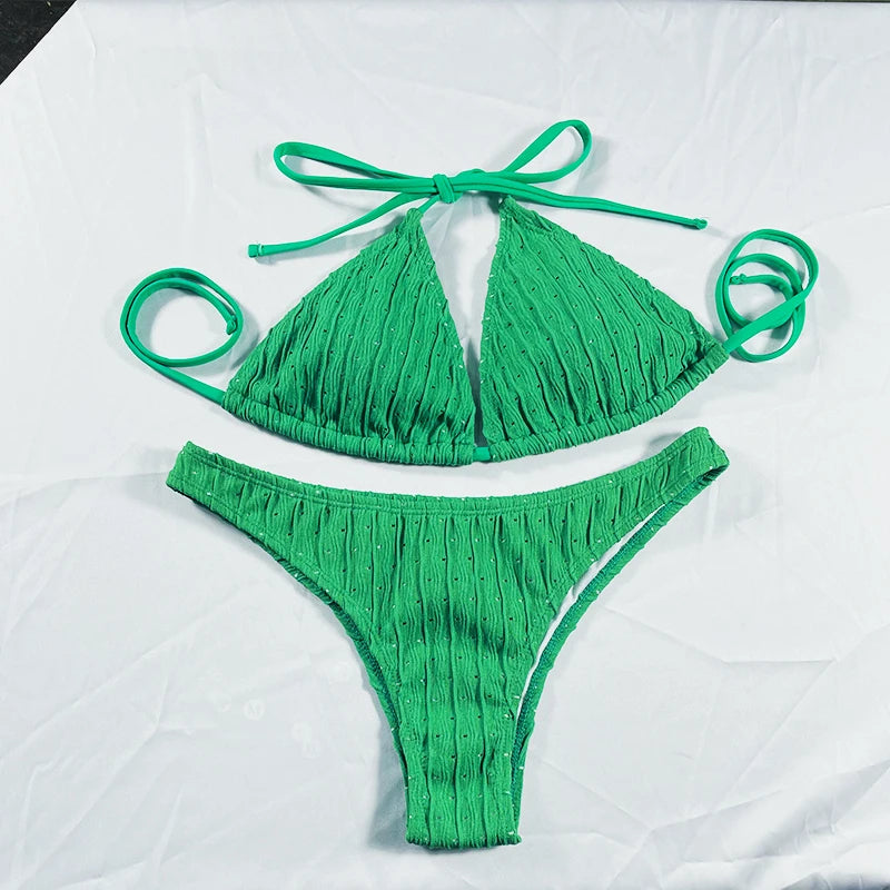 Jacquard Drawstring Bikini Set - Textured Two Piece Swimwear
