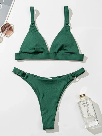 Ribbed High Leg Halter Bikini Set - Ring Detail Push Up Swimwear
