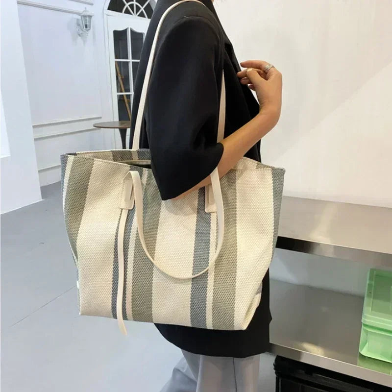 Striped Raffia Shopper Tote - Canvas Trim