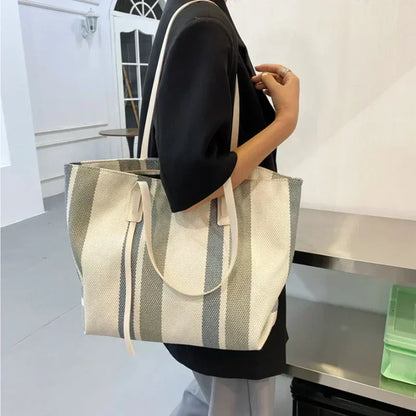 Striped Raffia Shopper Tote - Canvas Trim