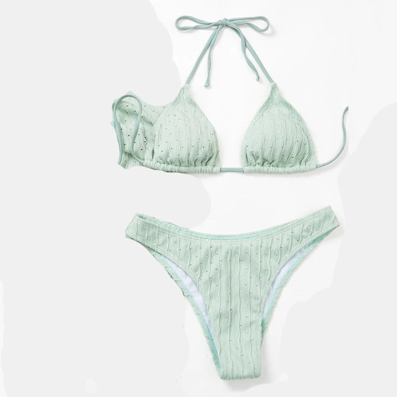 Jacquard Drawstring Bikini Set - Textured Two Piece Swimwear