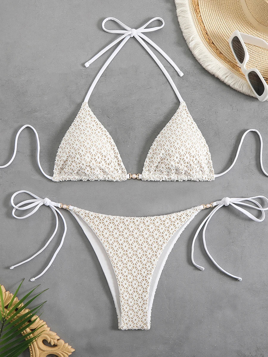 Chain Accent Micro Bikini Set - Lace Up Thong Swimwear
