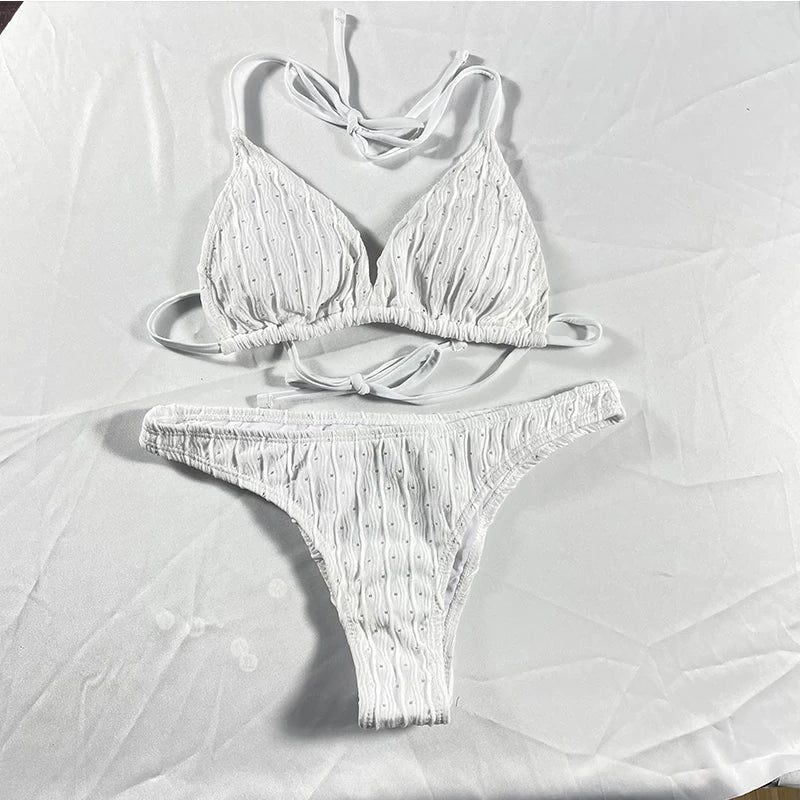 Jacquard Drawstring Bikini Set - Textured Two Piece Swimwear