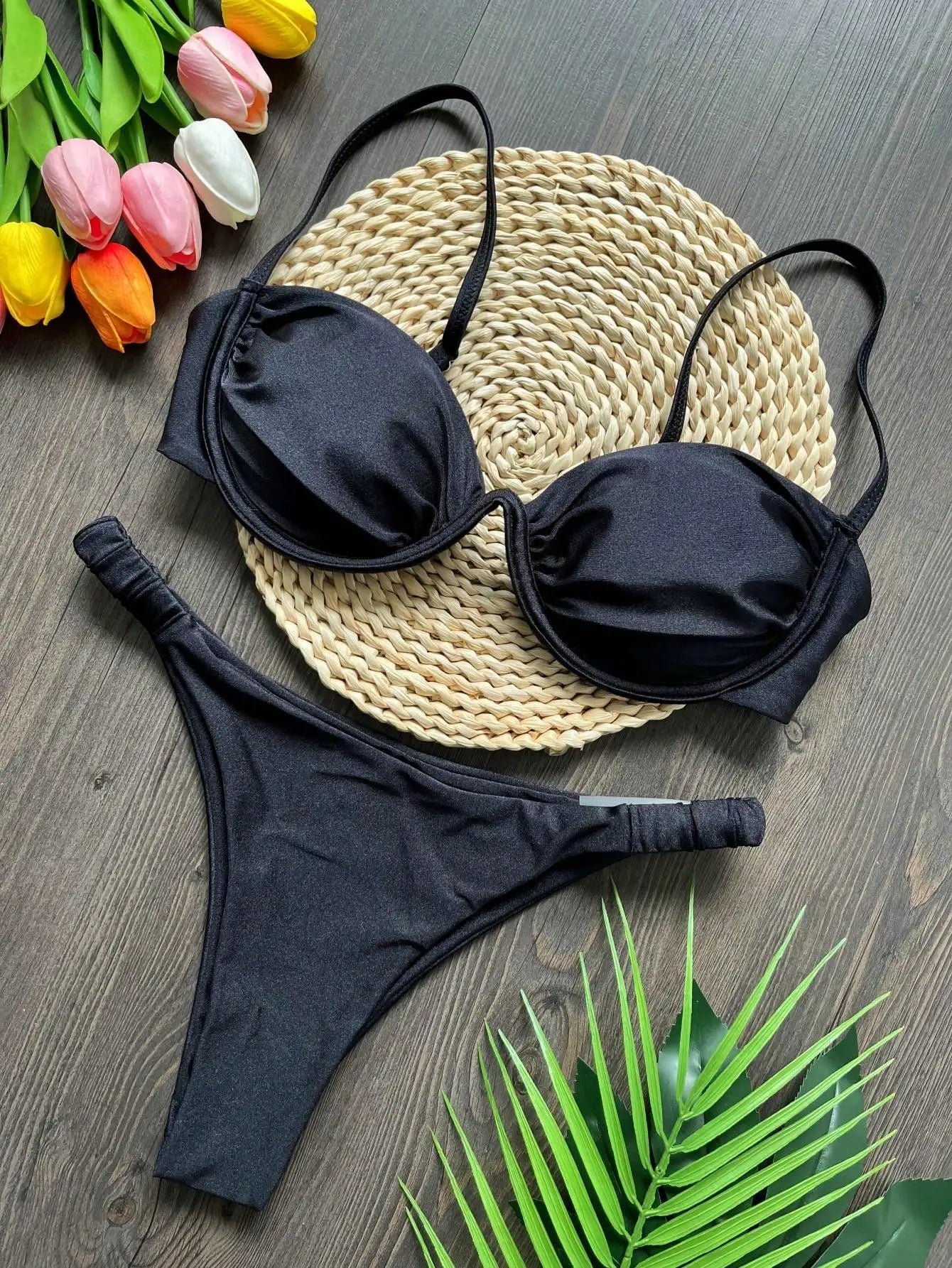 3D Flower V Wire Bikini Set - Underwired Thong Swimwear