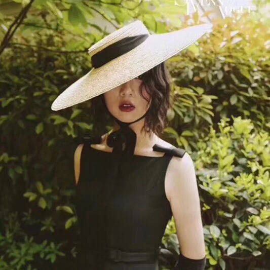 Handmade Flat-Top Straw Sun Hat - Ribbon Accent