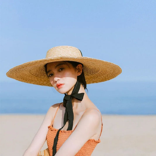 Handmade Flat-Top Straw Sun Hat - Ribbon Accent
