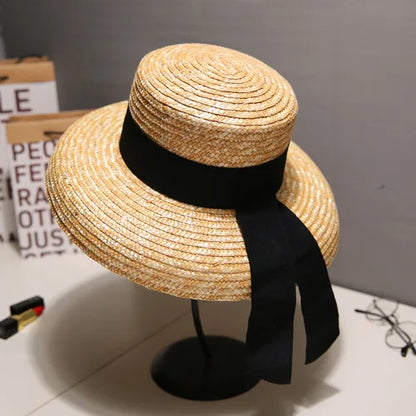 Bow Ribbon Flat-Top Straw Sun Hat - Vacation Style