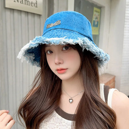 Washed Denim Bucket Hat - Tassel Edge Sun Hat