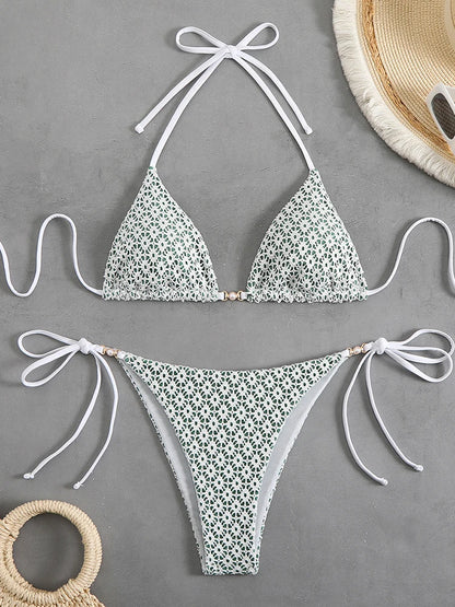 Chain Accent Micro Bikini Set - Lace Up Thong Swimwear