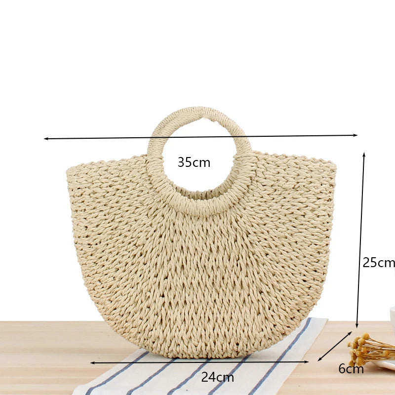 Handmade Moon-Shaped Straw Top Handle Bag