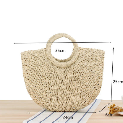 Handmade Moon-Shaped Straw Top Handle Bag