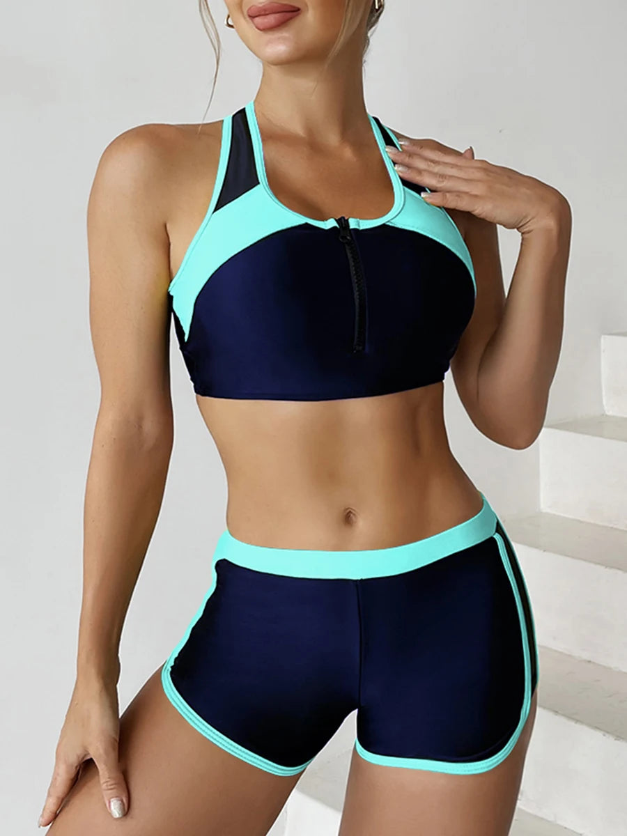 Sport Zip Front Bikini Set with Swim Shorts - Two Piece Swimwear