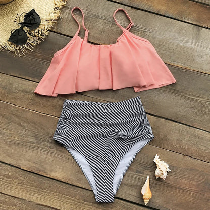 Pink Stripe High Waisted Bikini Set - Tank Top Swimwear