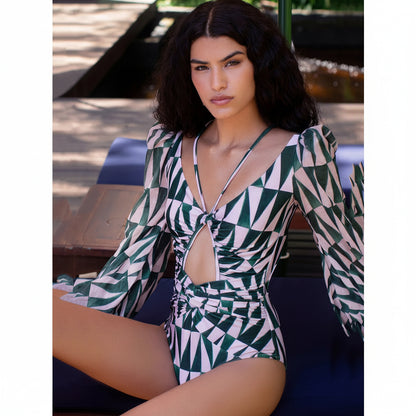 Long Sleeve Print One-Piece Swimsuit - Backless Bandage Monokini