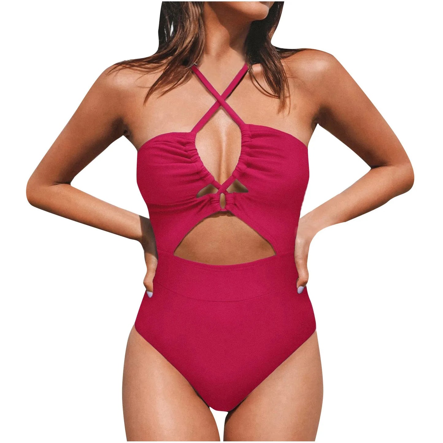 Cut-Out Push-Up Halter Monokini Swimsuit - Drawstring Detail