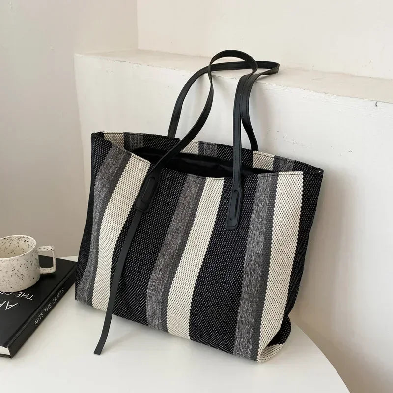Striped Raffia Shopper Tote - Canvas Trim