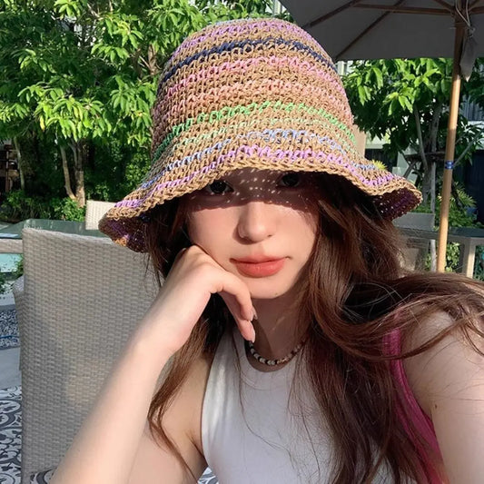 Handmade Rainbow Striped Straw Sun Hat
