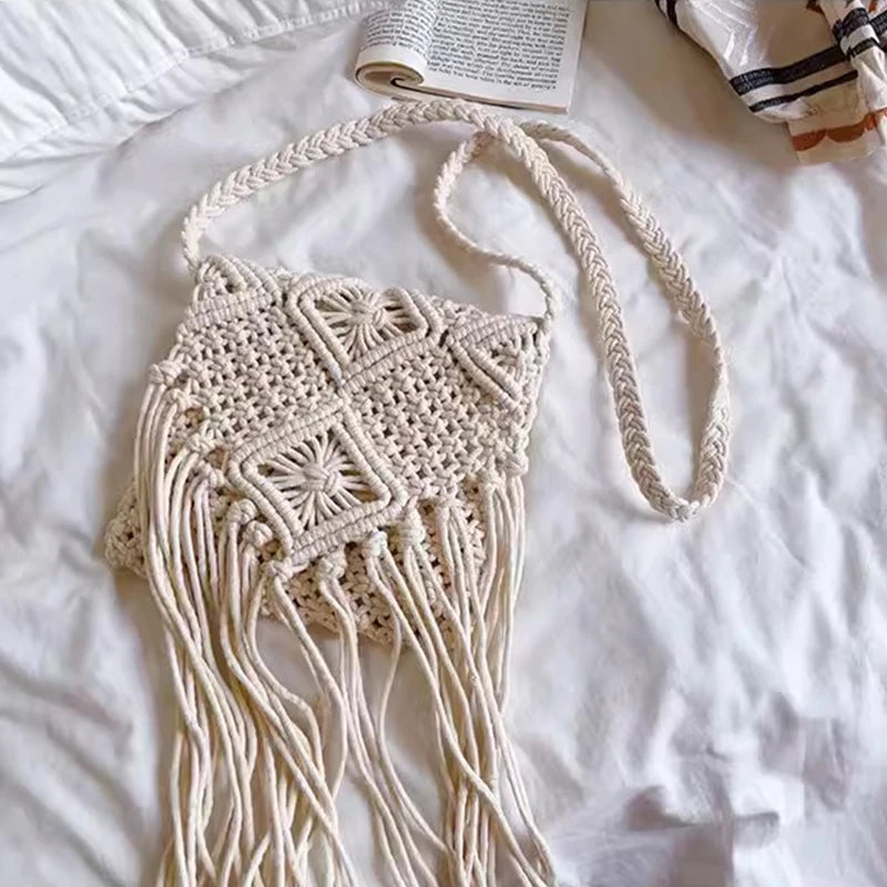 Woven Hollow-Out Straw Crossbody Bag - Tassel Detail