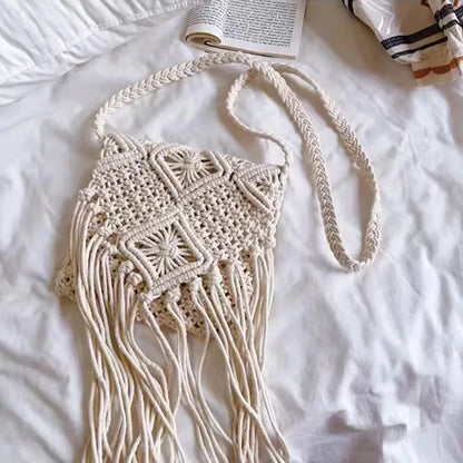 Woven Hollow-Out Straw Crossbody Bag - Tassel Detail