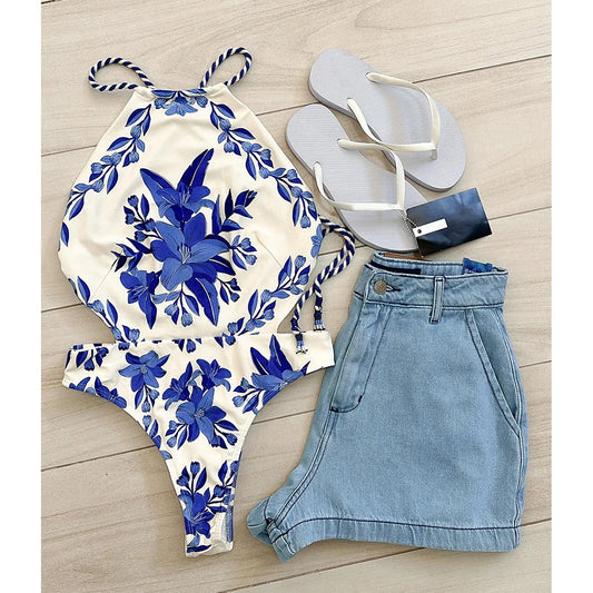 One Piece Swimsuit For Women 2025 New Vintage Retro Swimwear Print Swimsuit Halter Beachwear Sexy Monokini Female Bathing Suit