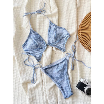 Denim Print Cut-Out One-Piece Swimsuit - Halter Monokini
