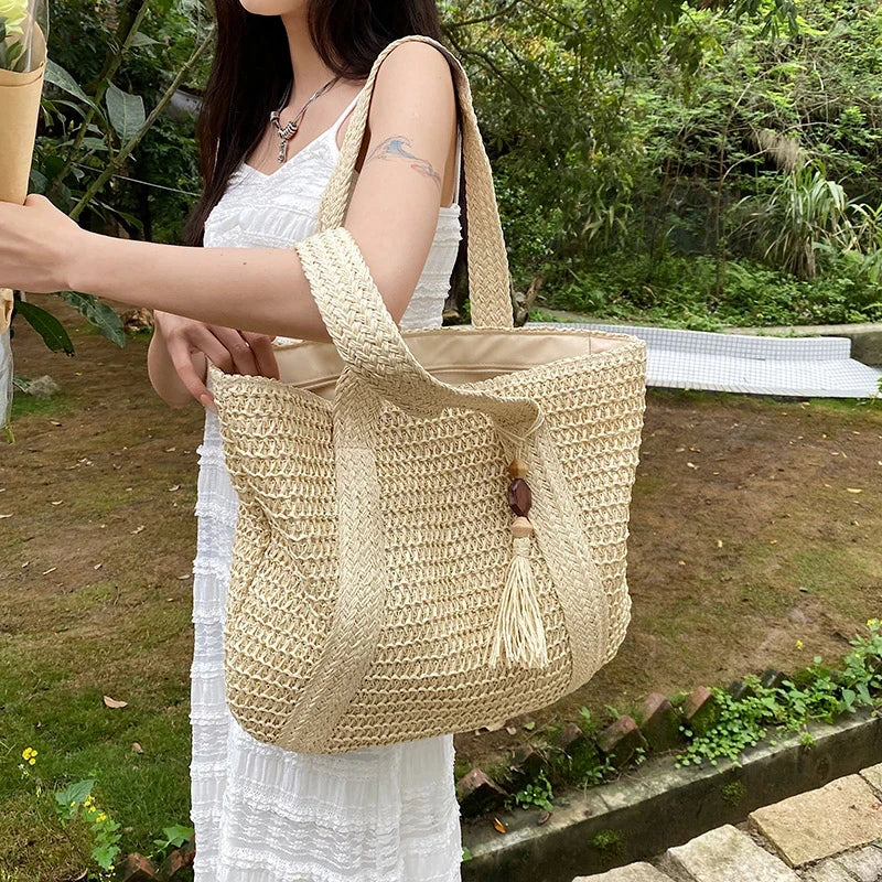 Bohemian Straw Weave Tote Bag - Tassel Accent