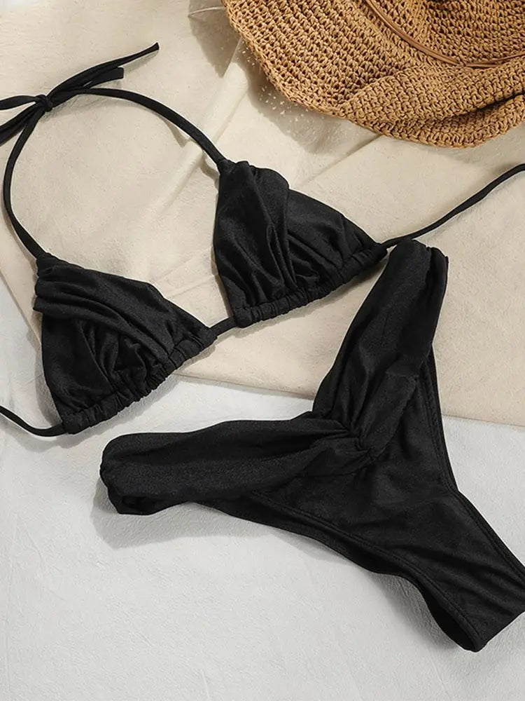 Solid Triangle Bandage Bikini Set - Low Rise Swimwear