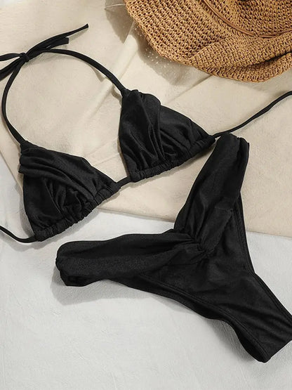 Solid Triangle Bandage Bikini Set - Low Rise Swimwear
