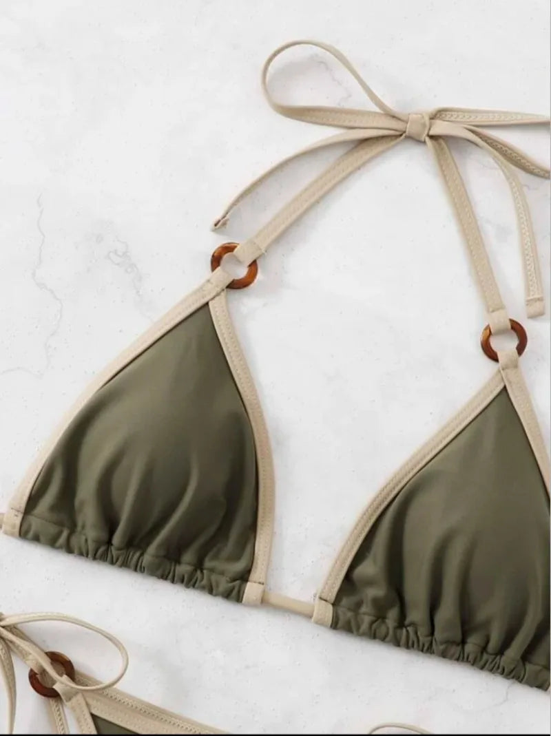 Green Ring String Bikini Set - Halter Thong Swimwear