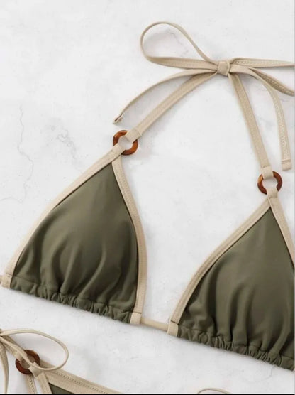 Green Ring String Bikini Set - Halter Thong Swimwear