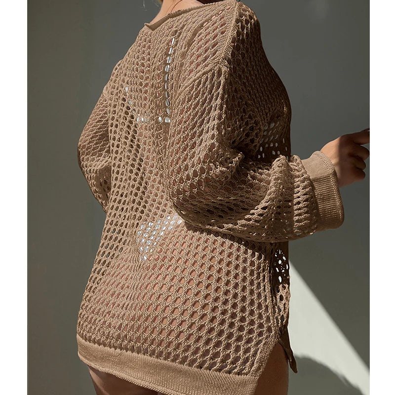 Loose Knit Cover Up Top - Hollow Out Sunscreen Smock