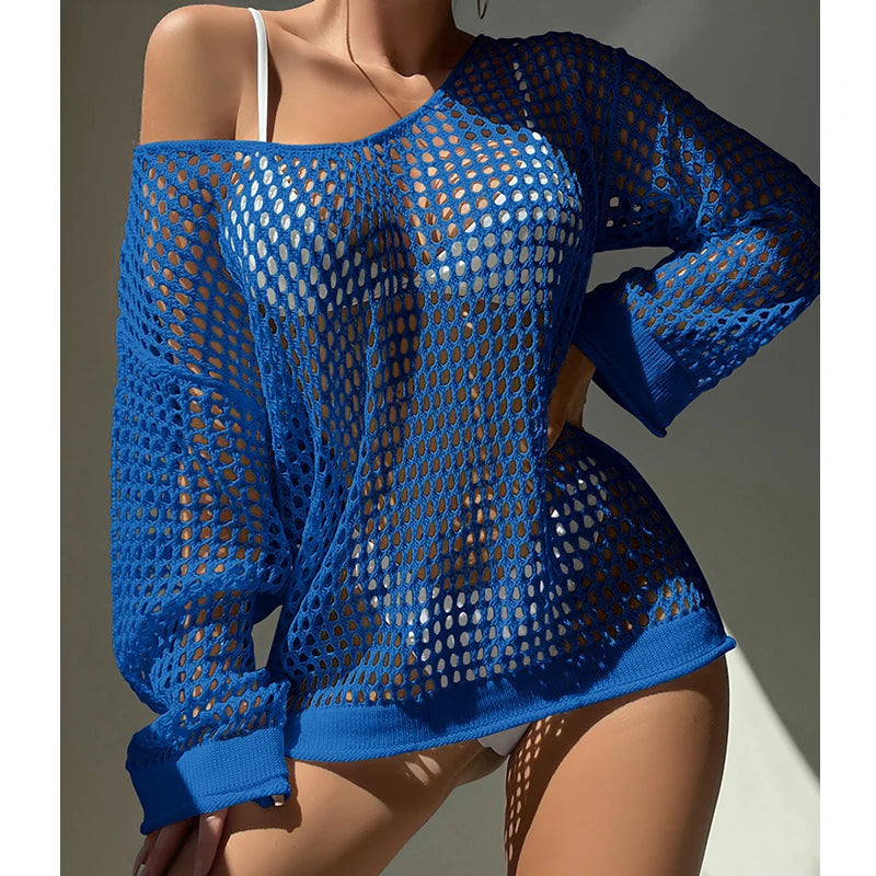 Loose Knit Cover Up Top - Hollow Out Sunscreen Smock